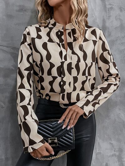 swvws Printed Notched Long Sleeve Blouse