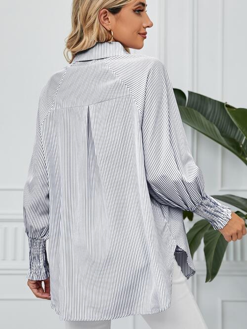 swvws Striped Button Up Smocked Long Sleeve Shirt