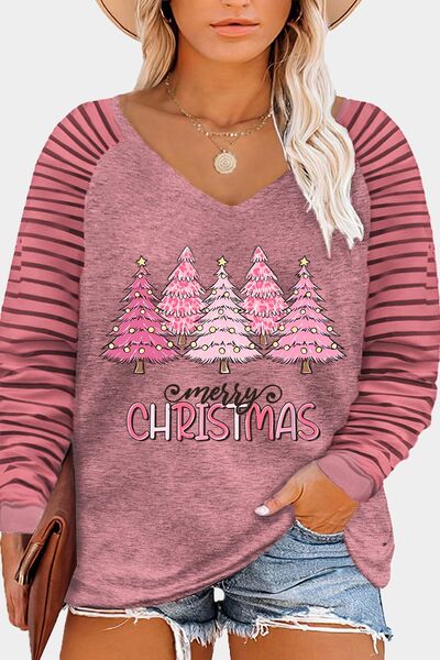 swvws Plus Size MERRY CHRISTMAS Striped Long Sleeve T-Shirt