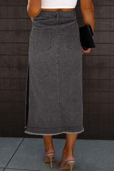 swvws Raw Hem Slit Pocketed Midi Denim Skirt