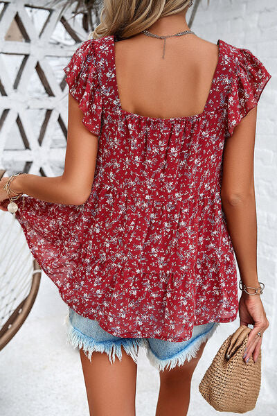 swvws Printed Square Neck Cap Sleeve Blouse