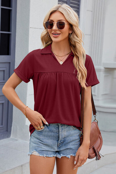 swvws Ruched Johnny Collar Short Sleeve Blouse