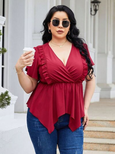 swvws Plus Size Frill Surplice Flutter Sleeve Blouse