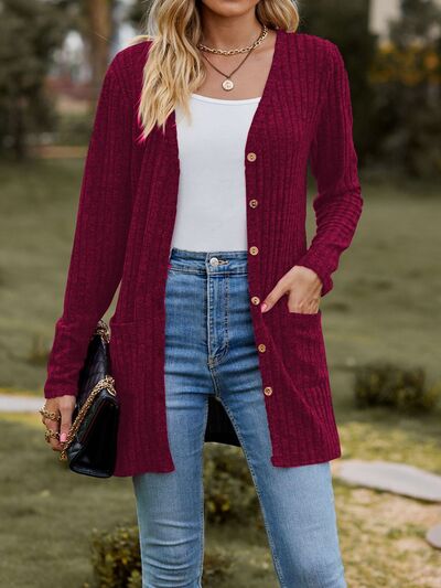 swvws Ribbed Button Up Long Sleeve Cardigan