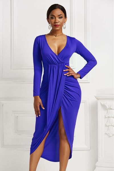 swvws High-low Ruched Surplice Long Sleeve Dress