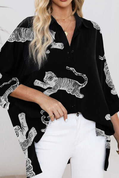 swvws Tiger Pattern Button Up Long Sleeve Shirt