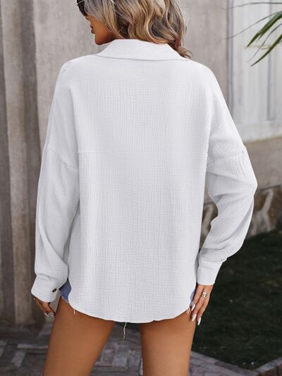 swvws Textured Pocketed Button Up Dropped Shoulder Shirt