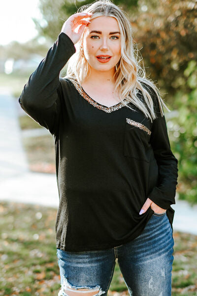 swvws Plus Size Sequin V-Neck Long Sleeve T-Shirt