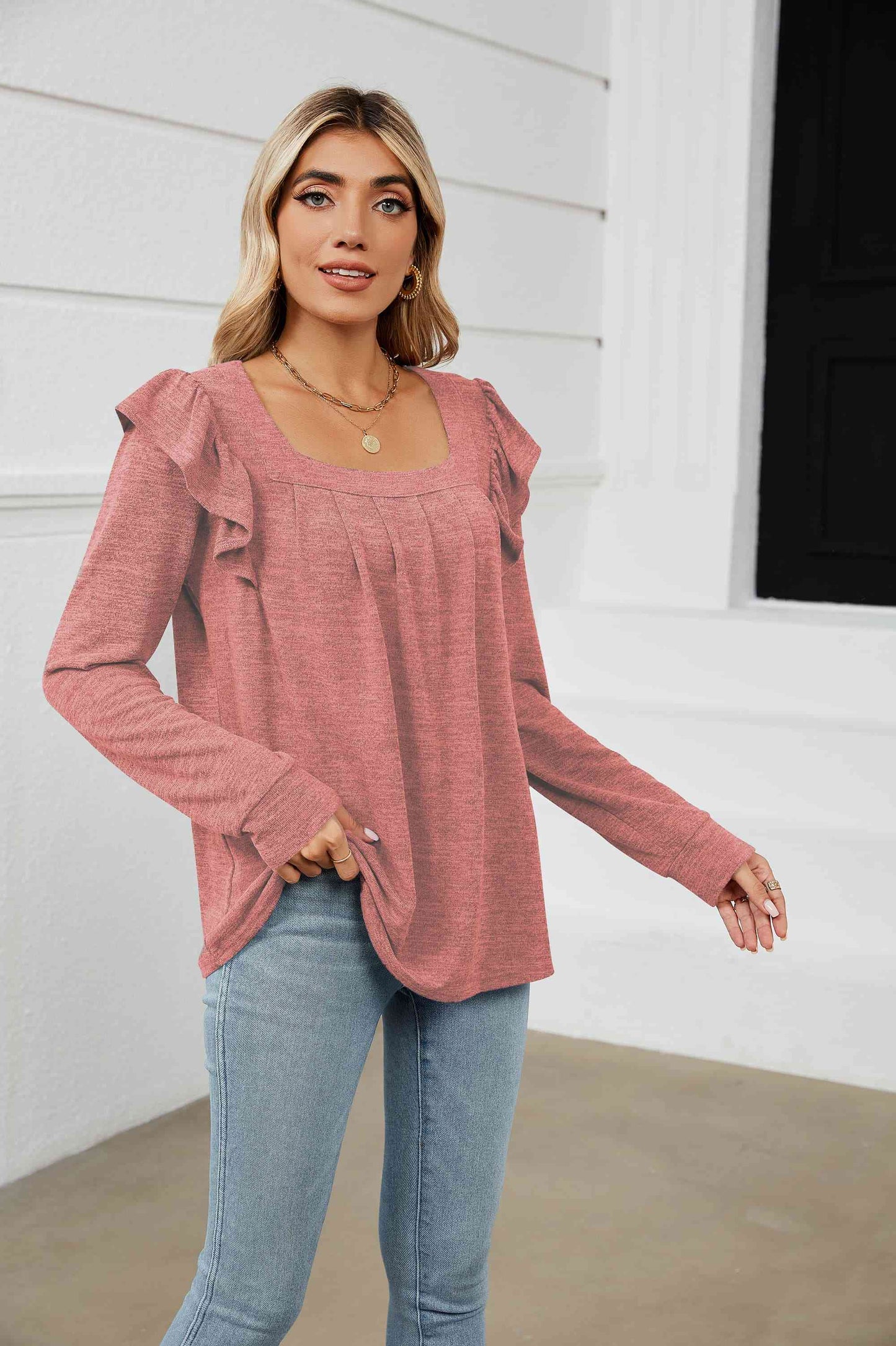 swvws Square Neck Ruffle Shoulder Long Sleeve T-Shirt