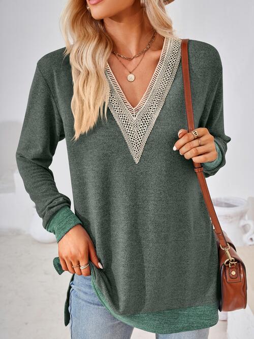 swvws Crochet Contrast V-Neck Long Sleeve Slit T-Shirt