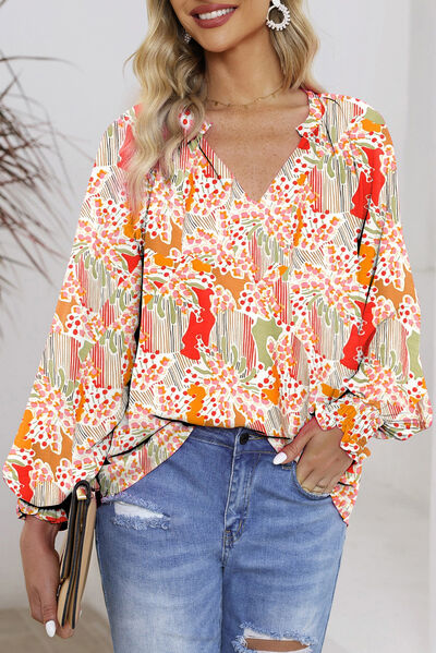 swvws Floral Notched Lantern Sleeve Blouse