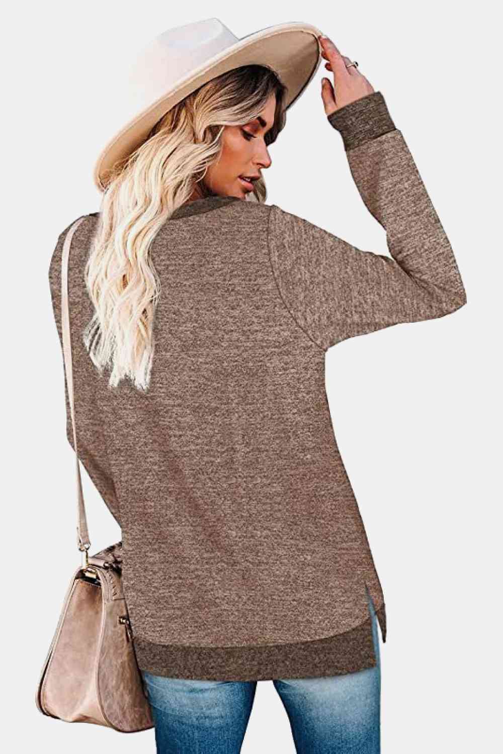 swvws Round Neck Long Sleeve Slit T-Shirt