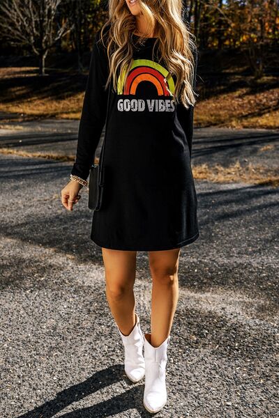 swvws GOOD VIBES Round Neck Long Sleeve Dress