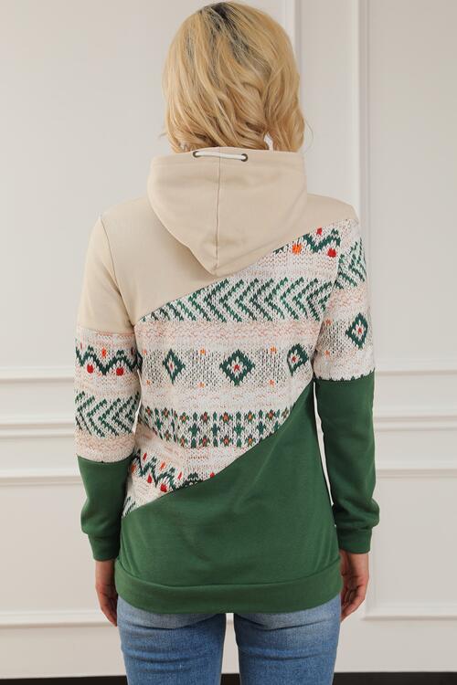 swvws Geometric Color Block Drawstring Hoodie