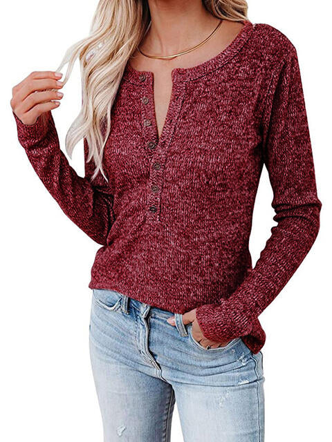 swvws Round Neck Buttoned Long Sleeve T-Shirt