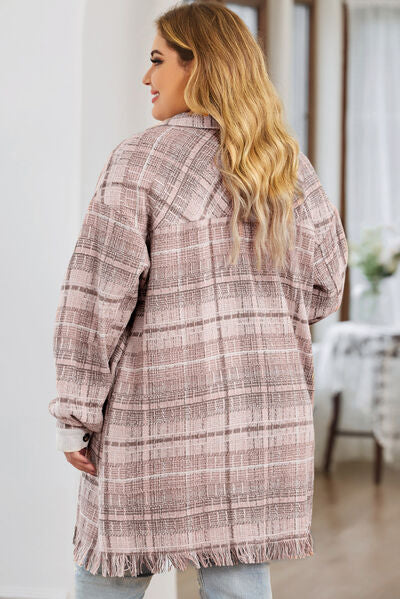 swvws Plus Size Plaid Button Up Dropped Shoulder Outerwear