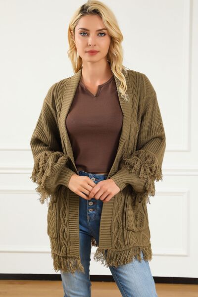 swvws Cable-Knit Fringe Pocketed Cardigan