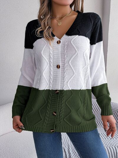 swvws Cable-Knit Striped Button Up Cardigan