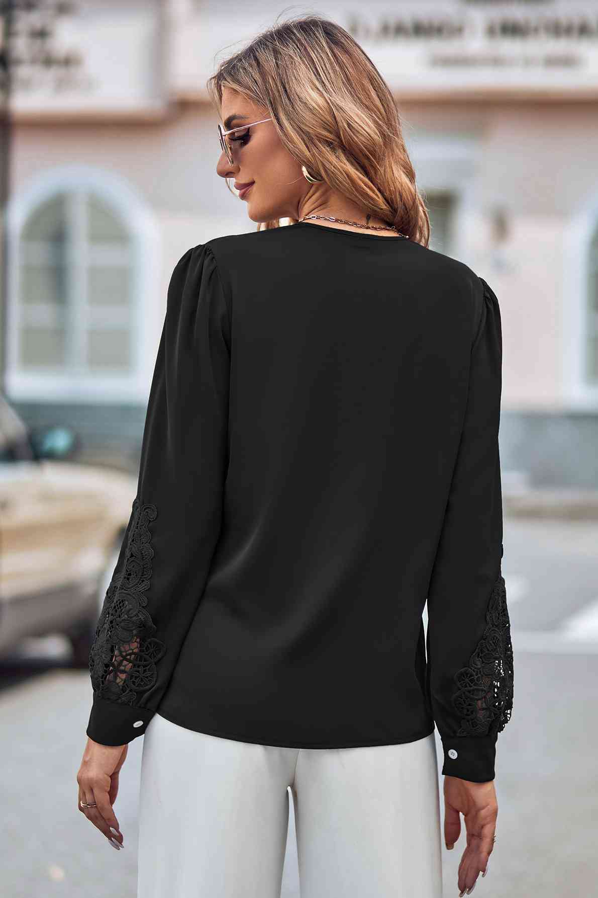 swvws Spliced Lace V-Neck Puff Sleeve Shirt