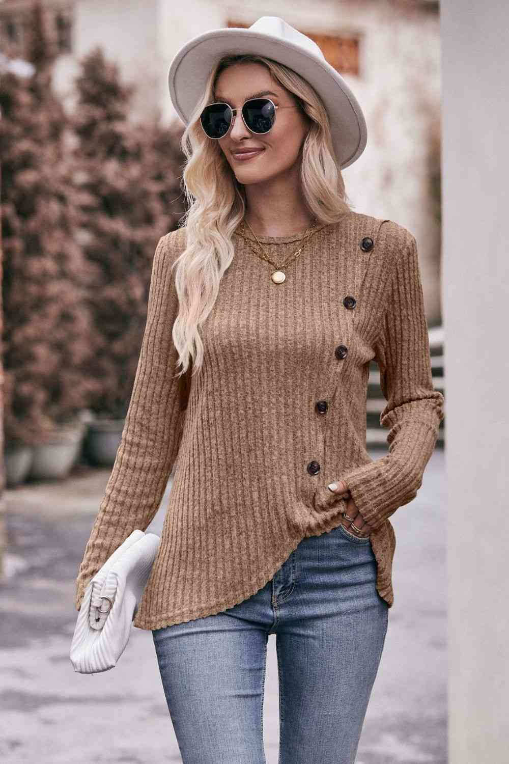 swvws Double Take Ribbed Round Neck Buttoned Long Sleeve Tee