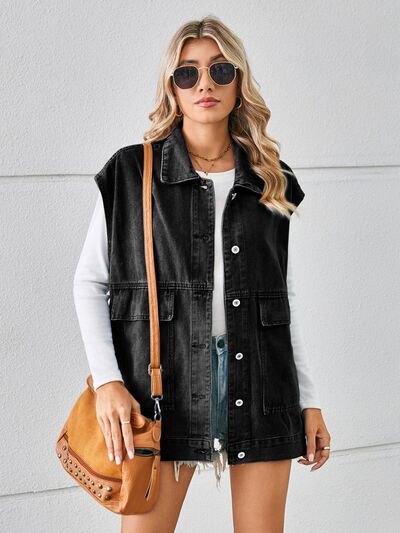 swvws Pocketed Button Up Sleeveless Denim Jacket