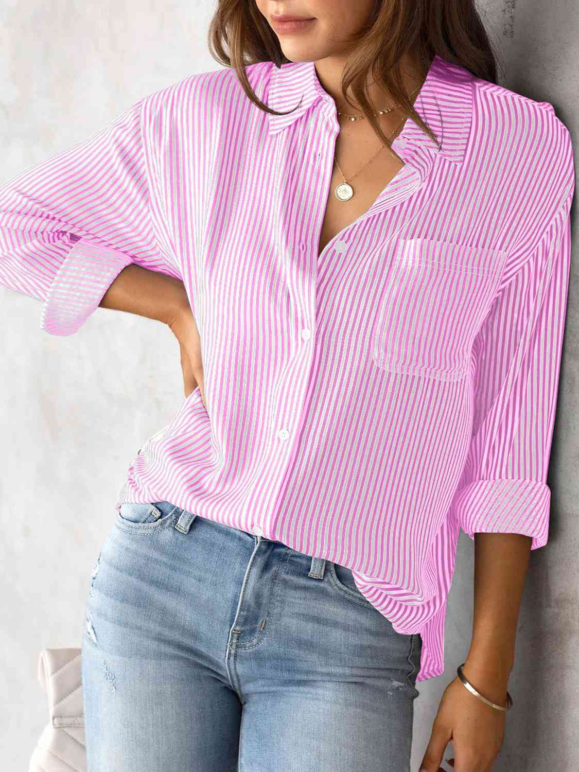 swvws Striped Collared Neck Shirt with Pocket