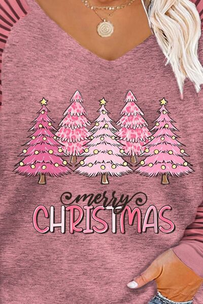 swvws Plus Size MERRY CHRISTMAS Striped Long Sleeve T-Shirt