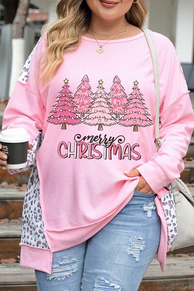 swvws Plus Size MERRY CHRISTMAS Leopard Dropped Shoulder Sweatshirt