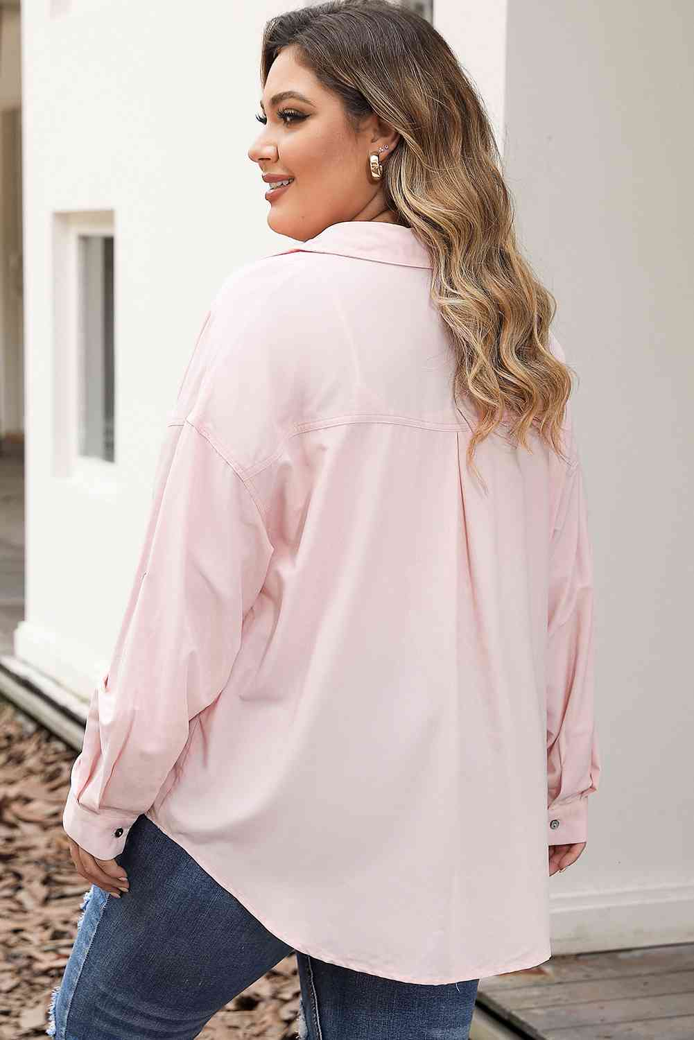 swvws Plus Size Collared Neck Button Front Long Sleeve Shirt