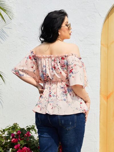 swvws Plus Size Frill Printed Flutter Sleeve Blouse