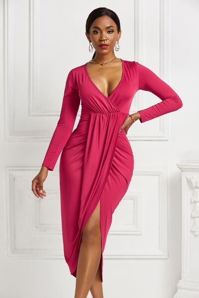 swvws High-low Ruched Surplice Long Sleeve Dress