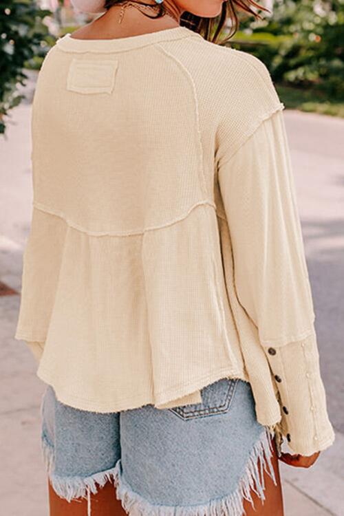 swvws Waffle Knit Button Detail Exposed Seam Flowy Top