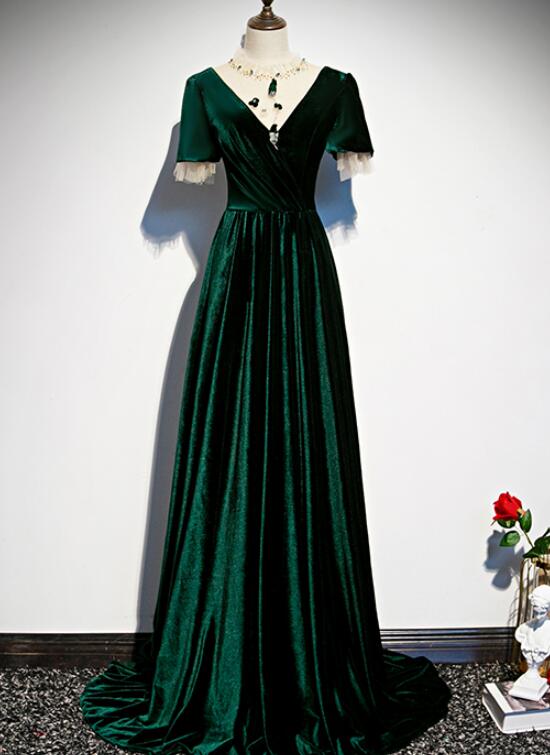 Tmallworld Dark Green Velvet Short Sleeves A-line Bridesmaid Dress, Long Prom Dress Evening Dress