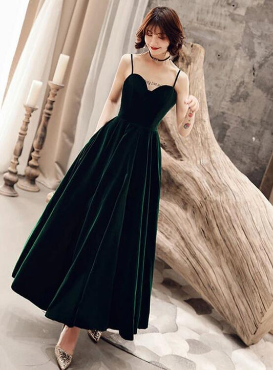 Tmallworld Dark Green V Back Long Velvet Elegant Party Dress, A-line Straps Bridesmaid Dress