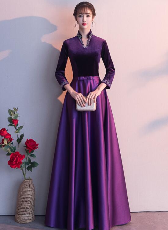 Tmallworld Dark Purple Satin Long Sleeves Beaded Velvet Bridesmaid Dress, Purple Formal Dress