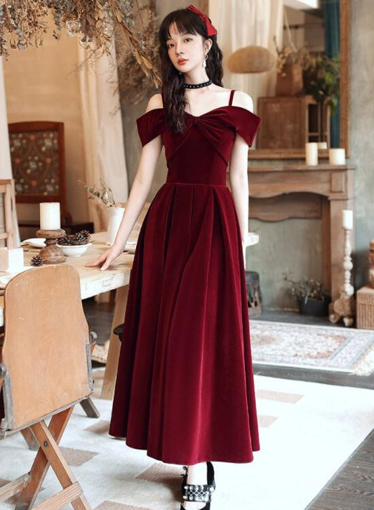 Tmallworld Wine Red Velvet Off Shoulder Long Evening Dress, Dark Red Party Dress Formal Dress