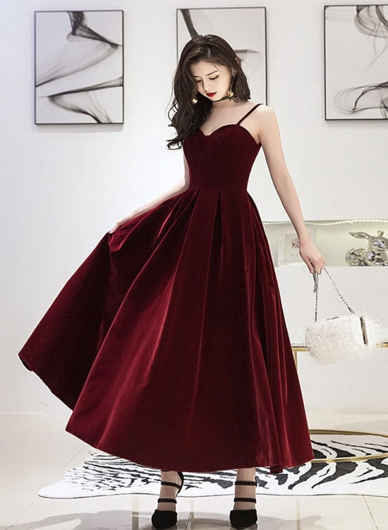 Tmallworld Wine Red Velvet Straps V-neckline Party Dress, Long Burgundy Prom Dress Evening Dress