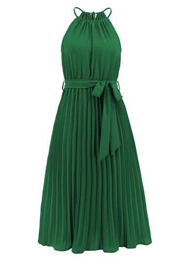 swvws Pleated Spaghetti Strap Tie Waist Midi Dress