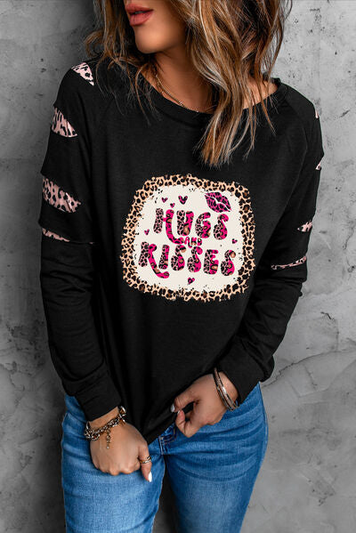 swvws HUGS AND KISSES Leopard Round Neck Sweatshirt