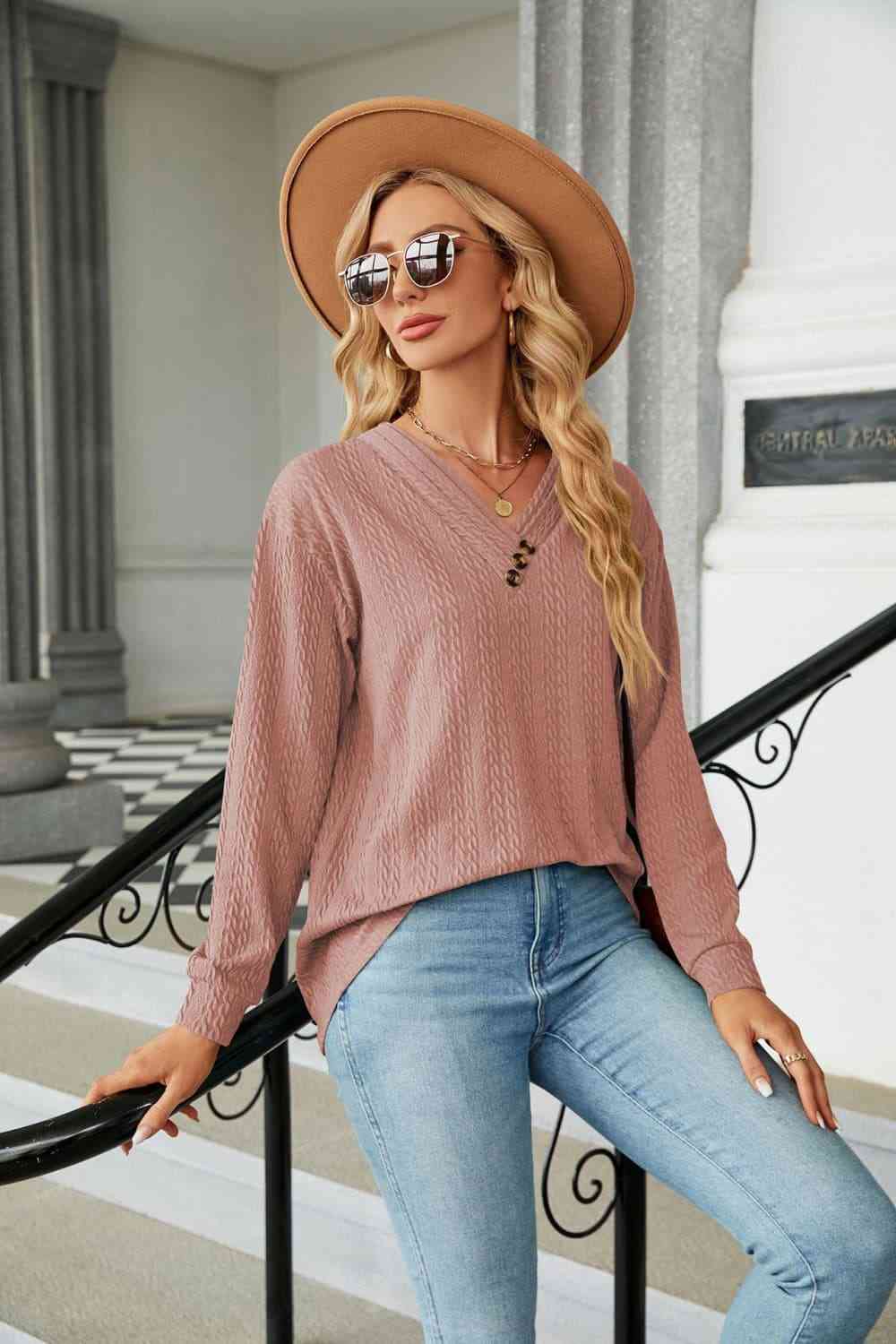 swvws Decorative Button V-Neck Long Sleeve T-Shirt