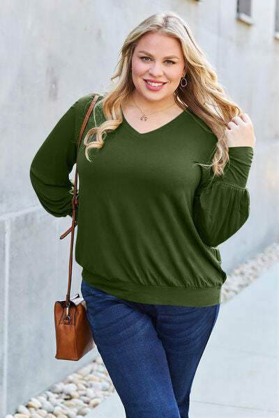 swvws Basic Bae Full Size V-Neck Lantern Sleeve Blouse