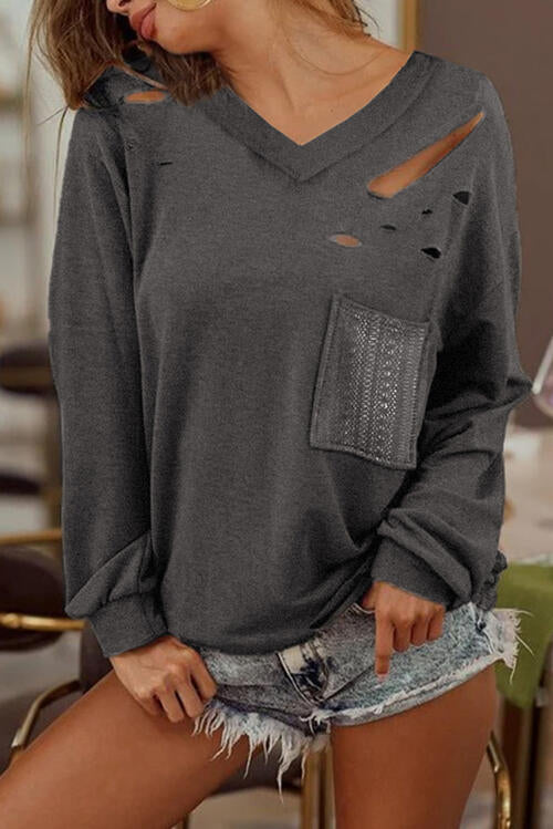 swvws Distressed V-Neck Long Sleeve T-Shirt With Pockets