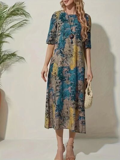 swvws Full Size Printed Half Sleeve Midi Dress