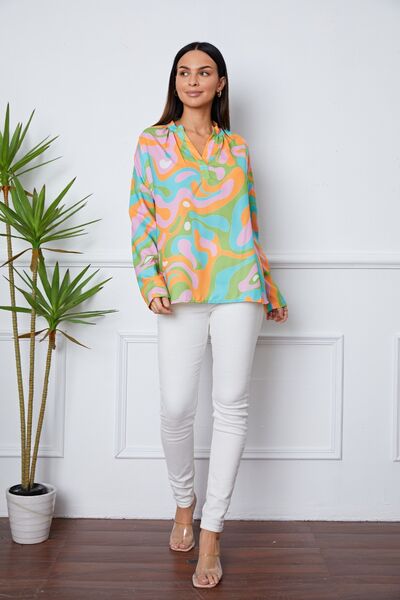 swvws Printed Notched Long Sleeve Blouse