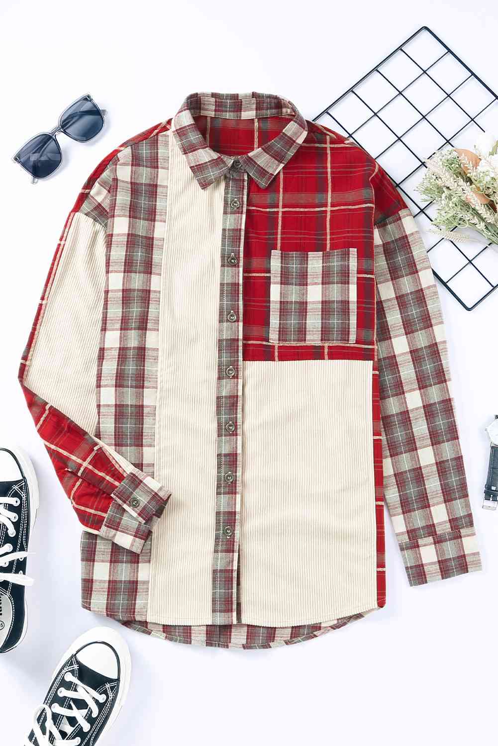 swvws Plaid Collared Neck Buttoned Shirt with Pocket