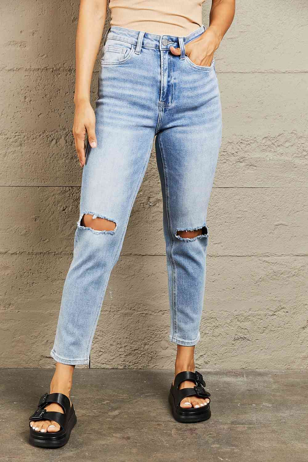 swvws BAYEAS High Waisted Distressed Slim Cropped Jeans