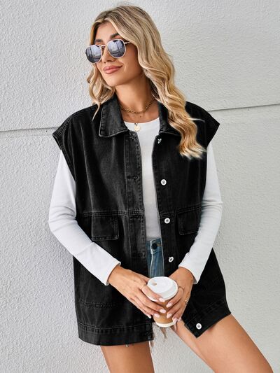 swvws Pocketed Button Up Sleeveless Denim Jacket