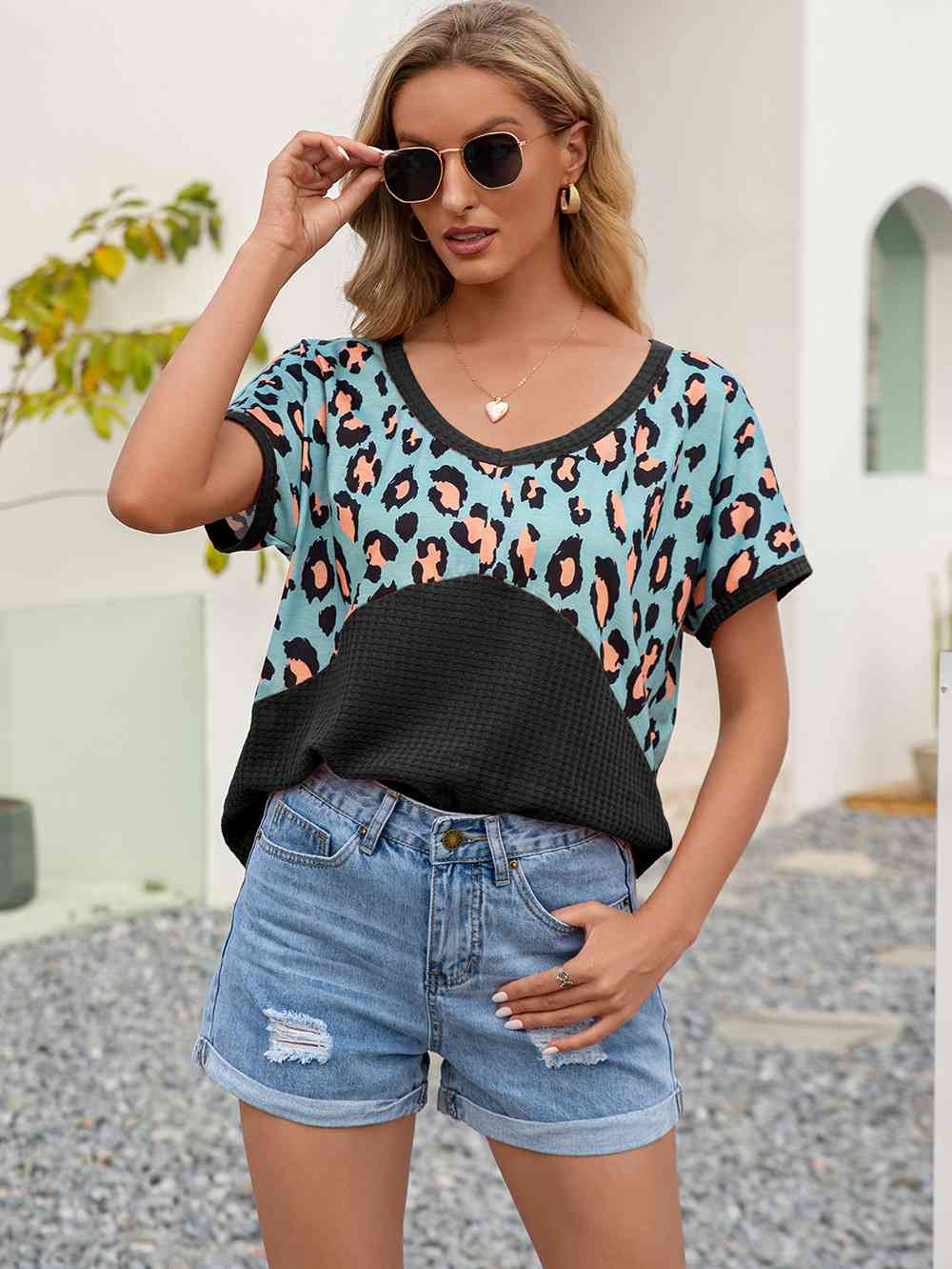 swvws Leopard Waffle-Knit Short Sleeve Top