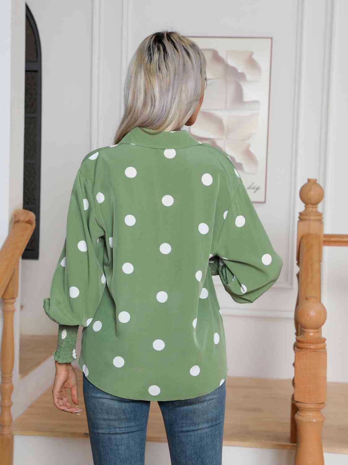 swvws Polka Dot Collared Neck Buttoned Lantern Sleeve Shirt