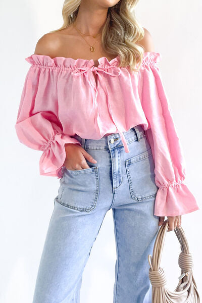 swvws Drawstring Off-Shoulder Flounce Sleeve Blouse